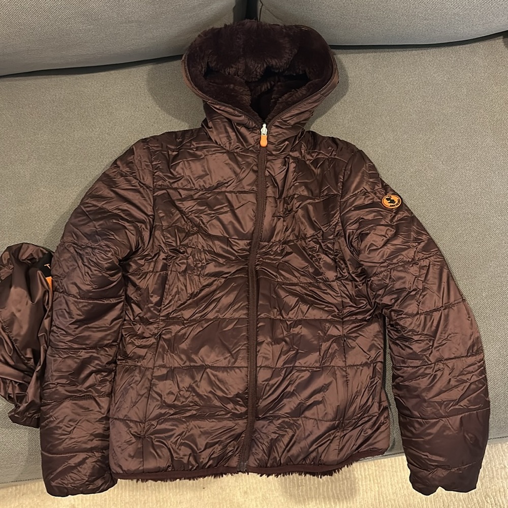 Save the duck faux fur lined reversible packable puffer